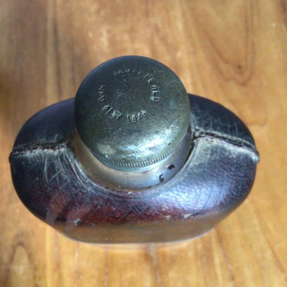 Antique 1860’s Civil War Era Leather Glass Pewter Hip Flask With Removable Cup